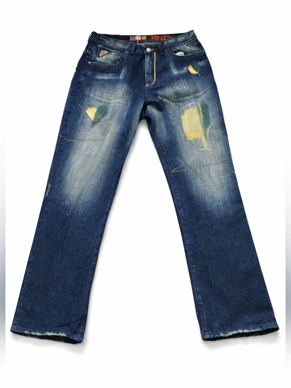 Vintage (2005) Akademiks Men's Blue Jeans with Yellow & Green Paint Accents